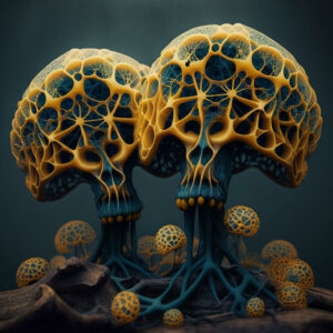 mycobowen_a_mushroom_cluster_with_slime_mold_in_a_forest_301d5e5c-ab88-4a4d-aef7-afeadb4eab3a