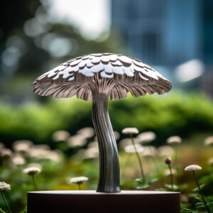 mycobowen_a_stainless_steel_mushroom_sculpture_that_looks_like__a25eccba-83aa-4ffc-9fd9-b9ebc5759fab