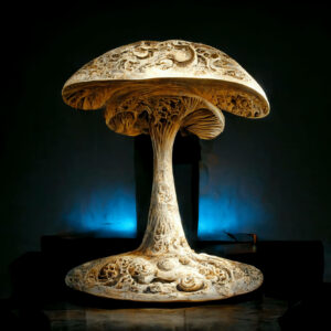 mycobowen_ancient_mushroom_sculpture_on_top_of_illuminated_tabl_25b94878-bc3e-41f8-8d98-a3ecf2d3a41b